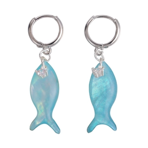 Blue colorful fish hoop earrings with opal-like charm and sparkling zircon stones