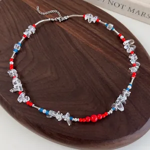 Ethnic Style New Chinese Handmade Glass Beaded Necklace Red Blue Transparent Irregular Beads Necklace For Women Jewelry Gift