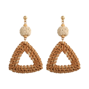 Bohemian rattan drop earrings with golden stud and large woven triangle pendant