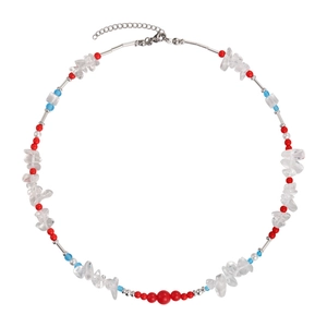 Ethnic beaded necklace with red blue glass beads and irregular clear stones for women