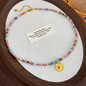 Bohemian Stone Beaded Necklace For Women With Gold Alloy Sun Relief Pendant Vintage Ethnic Style Handmade Choker Jewelry Gift
