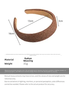 Detailed size specifications of the hand-woven brown straw headband showing measurements