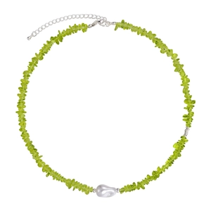 Olive green stone beaded necklace with baroque pearl and adjustable silver chain
