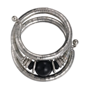 Three-layer stretch bracelet with black stone beads and silver snake texture finish