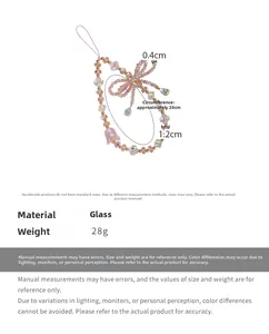 Detail view of pink crystal bead phone strap with bow design and dimension specifications