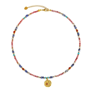 Pink stone beaded sun pendant necklace with handmade gold coin charm for women