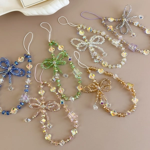 Colorful crystal beaded phone charm set with bows in blue, pink and purple shades