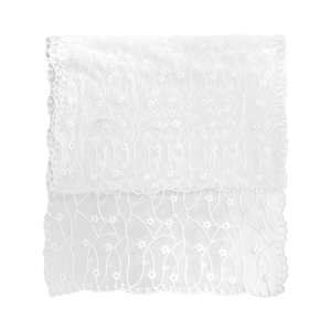 Elegant white lace floral embroidery scarf with soft wave edges and delicate mesh texture