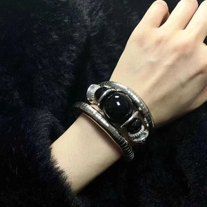 Multi Layer Snake Chain Bracelet With Large Black Bead Alloy Metal Spiral Bangle For Women Punk Vintage Industrial Style Jewelry
