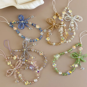 Handmade beaded phone strap set with crystal flowers and colorful bows in six pastel colors
