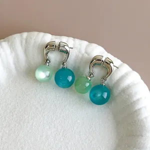 Minimalistische Legierung Doppelball Tropfenohrringe Für Damen Versilbert Koreanischer Stil Erfrischende Blaue Glasperlen Schmuck