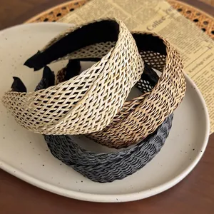 Bohemian Straw Woven Wide Headband For Women Vintage Handmade Cross Knotted Hairband Forest Style Vacation Hair Accessories