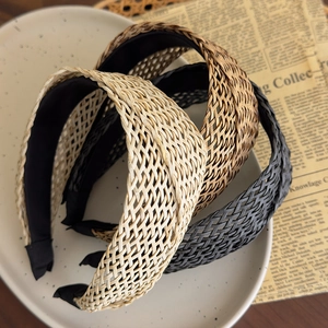 French Bohemian straw woven crisscross headbands in beige, caramel, and black colors