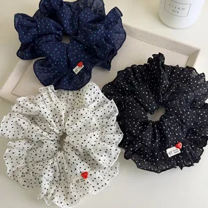 Oversized Korean Style Polka Dot Fabric Scrunchie With Ruffle Edge Red Heart Button Hand Made Label Women Hair Ties