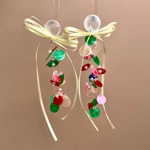 Bohemian Colorful Shell Disk Tassel Earrings Yellow Ribbon Bow Dangle Jewelry Sweet Vacation Style Accessory For Women