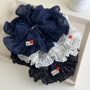 Korean style polka dot scrunchies set in navy, white and black with handmade labels