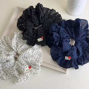 Chic oversized polka dot scrunchie set with ruffled edges and handmade heart detail