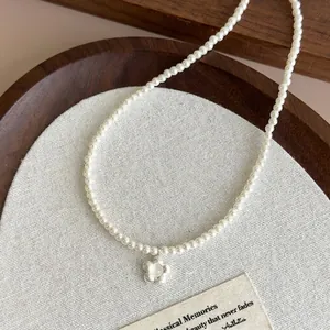 French Style Faux Artificial Pearl Flower Pendant Necklace Elegant Silver Plated Copper Chain For Women Wedding Party Jewelry Gift