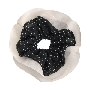Oversized chiffon scrunchie with double-layer black polka dots and cream white ruffle design