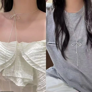 Collier Lariat Minimaliste en Acier Inoxydable avec Noeud pour Femme Chaîne Serpent Argent avec Pendentif Goutte d'Eau