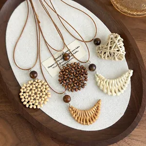 Bohemian Ethnic Style Woven Pendant Necklace For Women Handmade Wood Bead Moon Heart Disc Long Seaside Jewelry Accessory