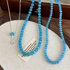Summer Clear Blue Cat Eye Stone Flower Pendant Necklace For Women Vintage Polished Alloy Chain Choker Jewelry Accessory