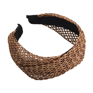 French Bohemian woven cross headband in coffee and light brown with anti-slip inner lining