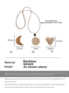 Detail showing dimensions of bohemian heart and moon woven bamboo pendants