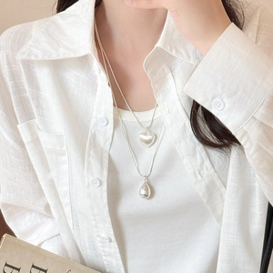 Minimalist double layer silver necklace featuring heart and water drop charms
