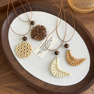 Bohemian moon heart woven necklaces with wooden beads and leather ropes for beach
