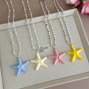 Resin Starfish Pendant Beaded Necklace Summer Beach Resort Style Faux Artificial Pearl Clavicle Chain Jewelry For Women Vacation