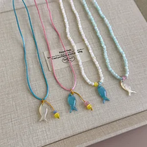 Ozean Stil Muschel Harz Fisch Anhänger Halskette Für Damen Perlen Choker Strand Urlaub Frisch Süßer Schmuck Bunte Fischkette