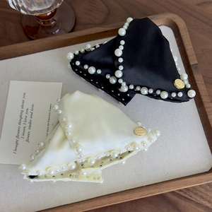 French retro satin hair claw with pearls and rhinestones decoration in black and cream