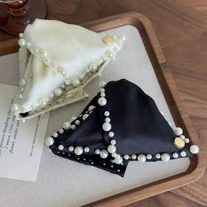 Elegant French satin hair claw clips with faux pearl trim in black and white colors