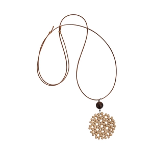 Bohemian wooden beaded long necklace with hand-woven circular moon pendant design