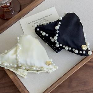 French Vintage Elegant Satin Artificial Pearl Hair Claw Clip For Women Heavy Craft Large Shark Clip Rhinestone Hair Accessories