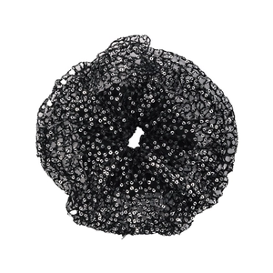 Elegant black mesh scrunchie with silver sequins featuring a ballet-style pleated design