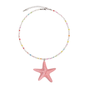 Colorful long beaded starfish necklace with pink pendant for summer beach vacation style