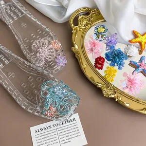 Transparent PVC flat sandals with colorful handmade beaded flower shoe charms decoration