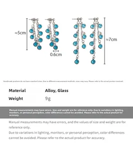 Detailed size specifications for blue crystal grape tassel earrings in 5cm and 7cm lengths