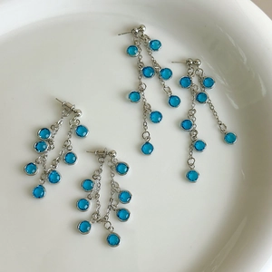 Elegant blue crystal grape cluster tassel drop earrings in polished silver metal finish