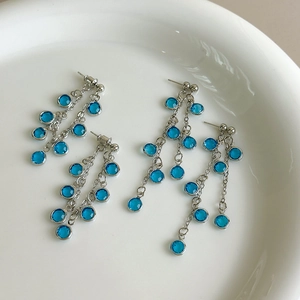 Elegant blue crystal grape cluster tassel earrings in silver metal on white ceramic plate