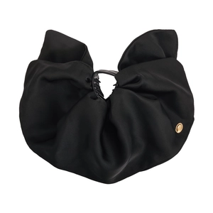 Elegant black satin bow hair claw clip with golden button detail for women