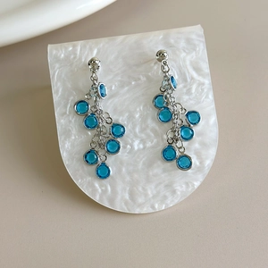 Detailed macro view of blue crystal grape cluster earrings with silver tassels