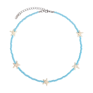 Summer blue beaded necklace featuring five white starfish charms with adjustable chain