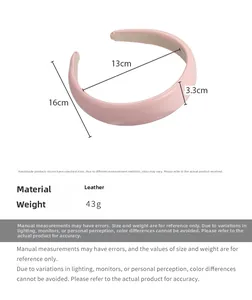 Detailed size infographic for pink faux leather headband showing 43g weight and dimensions