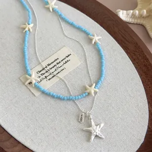 Blue Starfish Beaded Necklace Alloy Metal Chain Lucky Tag Pendant Summer Beach Vacation Jewelry Women Fashion Accessory
