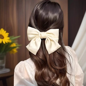 Elegant cream satin bow hair clip for women featuring high density glossy fabric