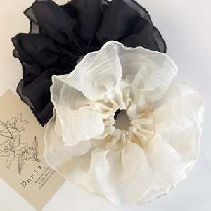 Oversized ruffled scrunchies set in black and off-white chiffon fabric for women