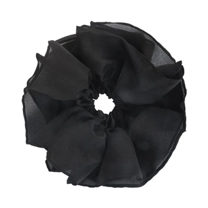 Oversized black ruffled chiffon hair scrunchie with layered lace edge and elastic tie